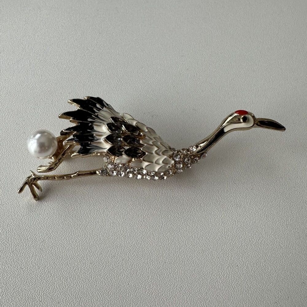 Bird Crane Brooch Pendant Imitation Pearl and Rhinestone 3"x1" VTG Style